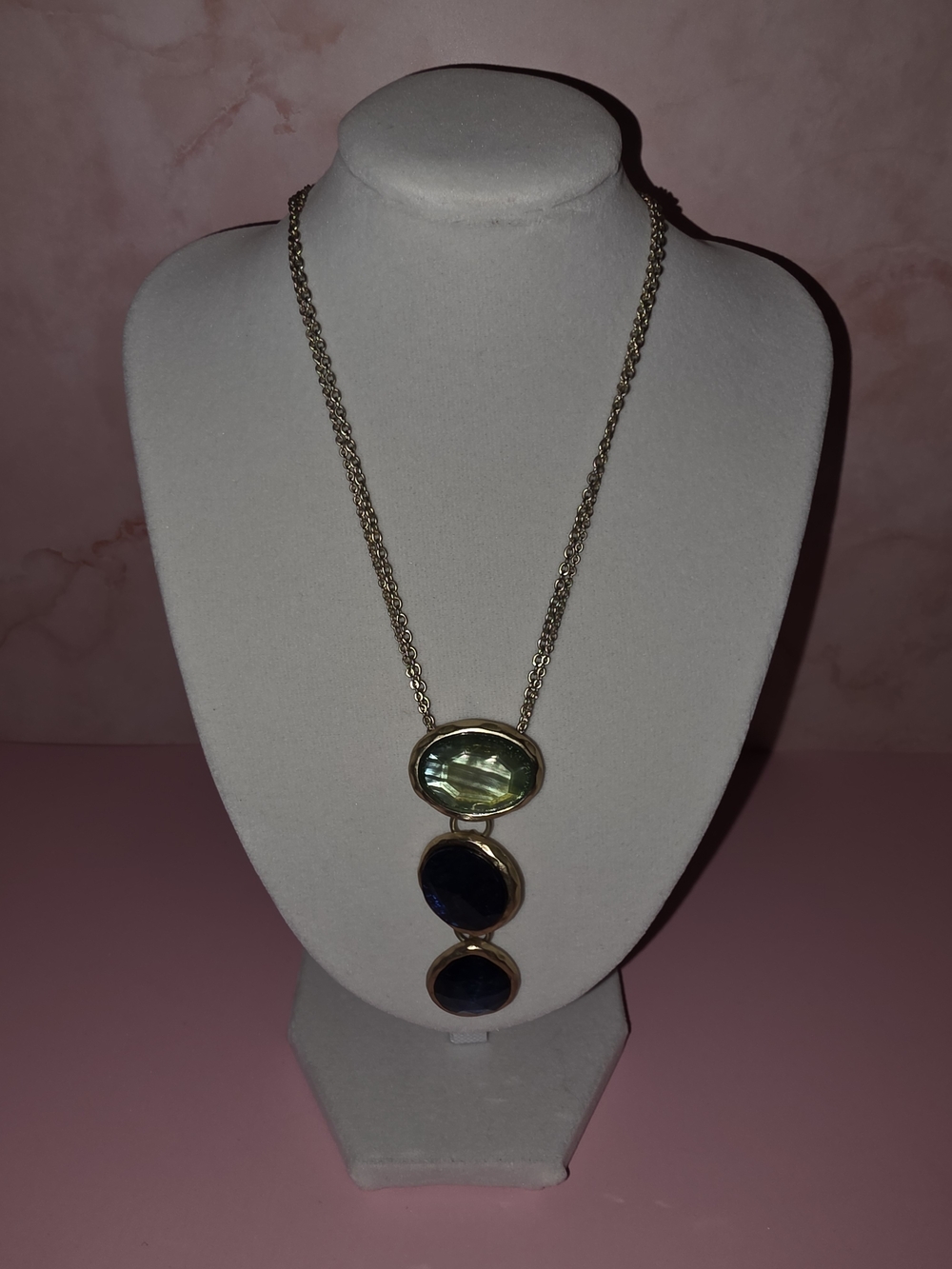 Gold Necklace with Green and Navy Gemstone Pendants